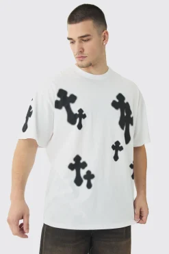 Tall Oversized Airbrush Cross Print T-Shirt | UK^boohooMAN