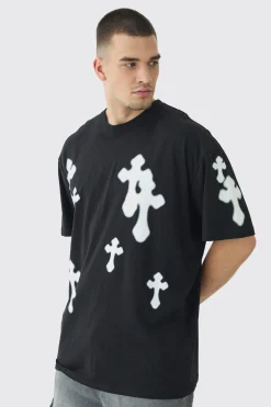 Tall Oversized Airbrush Cross Print T-Shirt | UK^boohooMAN Outlet
