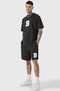 boohooMAN Tall Oversized Applique T-shirt & Short Set | UK| Tracksuits