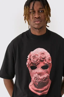 Tall Oversized Balaclava Floral Print T-shirt | UK^boohooMAN Clearance