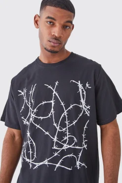 Tall Oversized Barbwire Chest Print T-shirt | UK^boohooMAN Sale