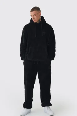 boohooMAN Tall Oversized Borg Embroidered Hooded Tracksuit | UK| Tracksuits