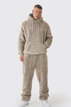 boohooMAN Tall Oversized Borg Embroidered Hooded Tracksuit | UK| Tracksuits