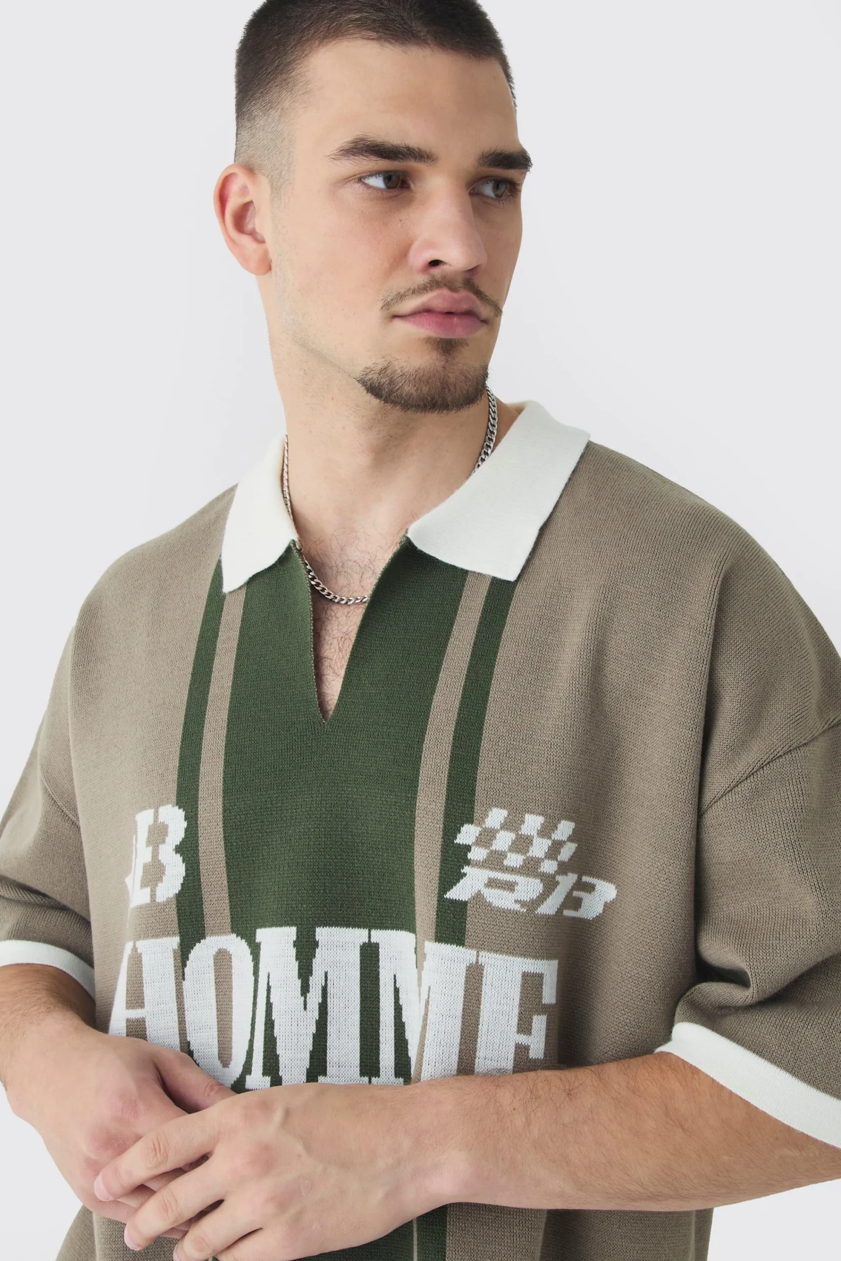 boohooMAN Tall Oversized Boxy Football Knitted Polo Shirt | UK| Shirts