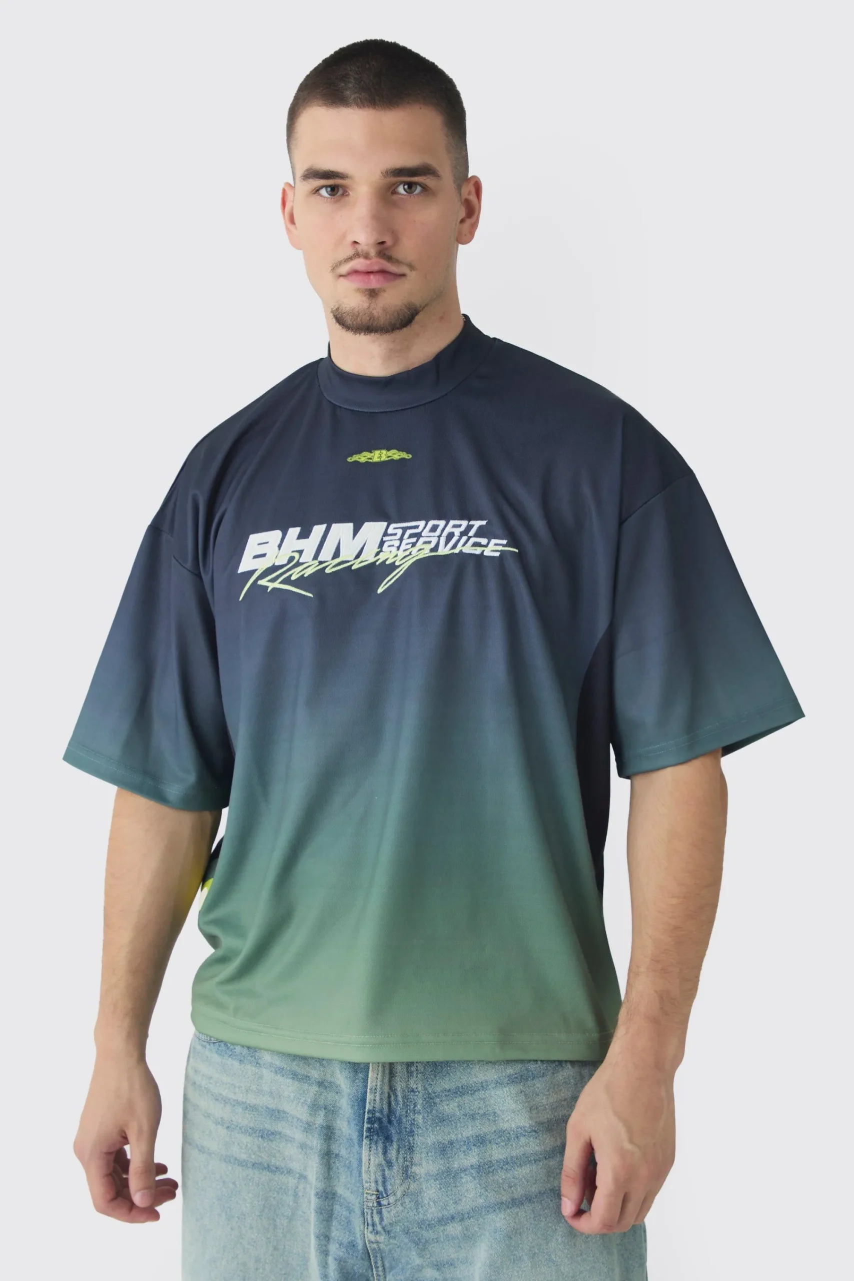 Tall Oversized Boxy Mesh Applique Ombre Moto Printed T-shirt | UK^boohooMAN Clearance