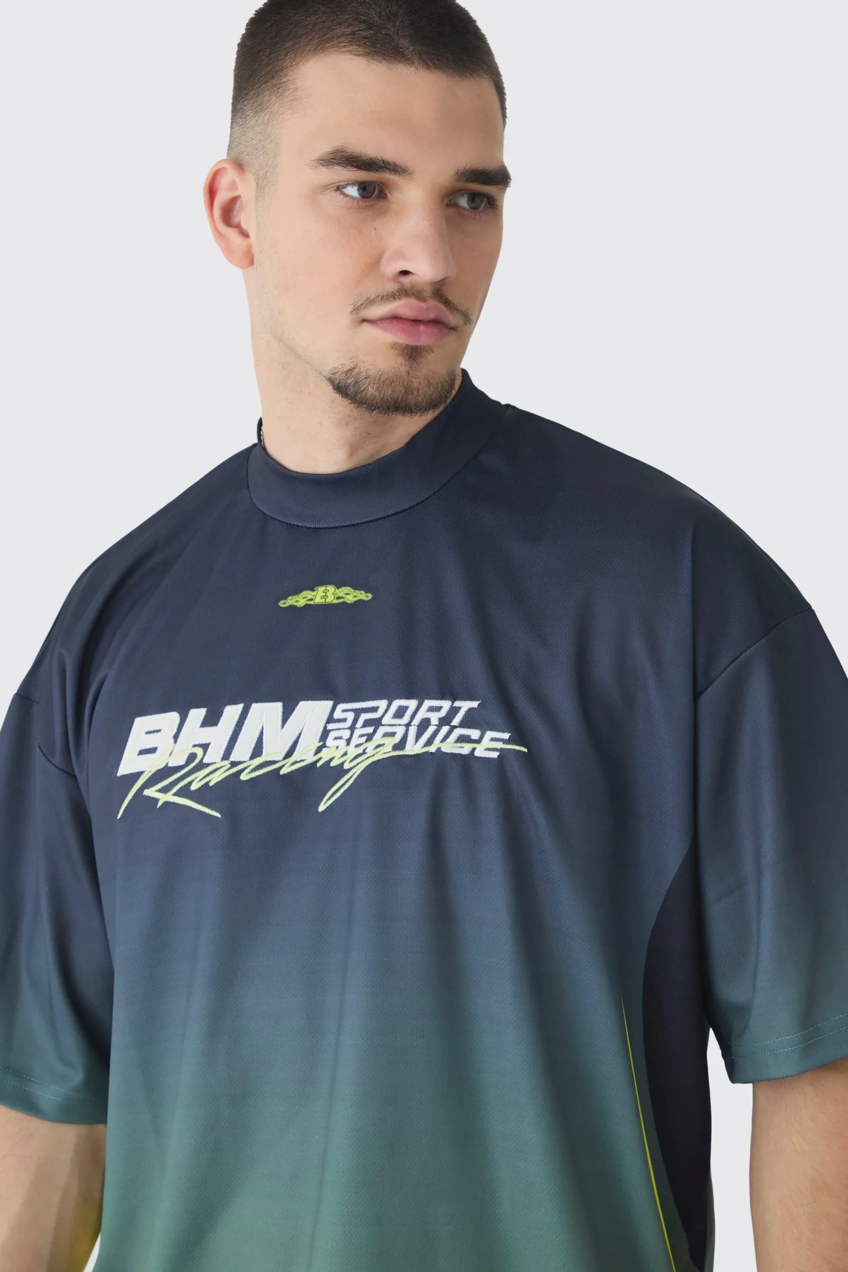 Tall Oversized Boxy Mesh Applique Ombre Moto Printed T-shirt | UK^boohooMAN Clearance