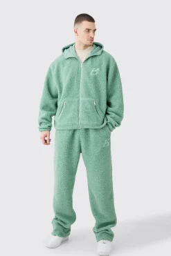 boohooMAN Tall Oversized Boxy Zip Through Borg Embroidered Hooded Tracksuit | UK| Tracksuits