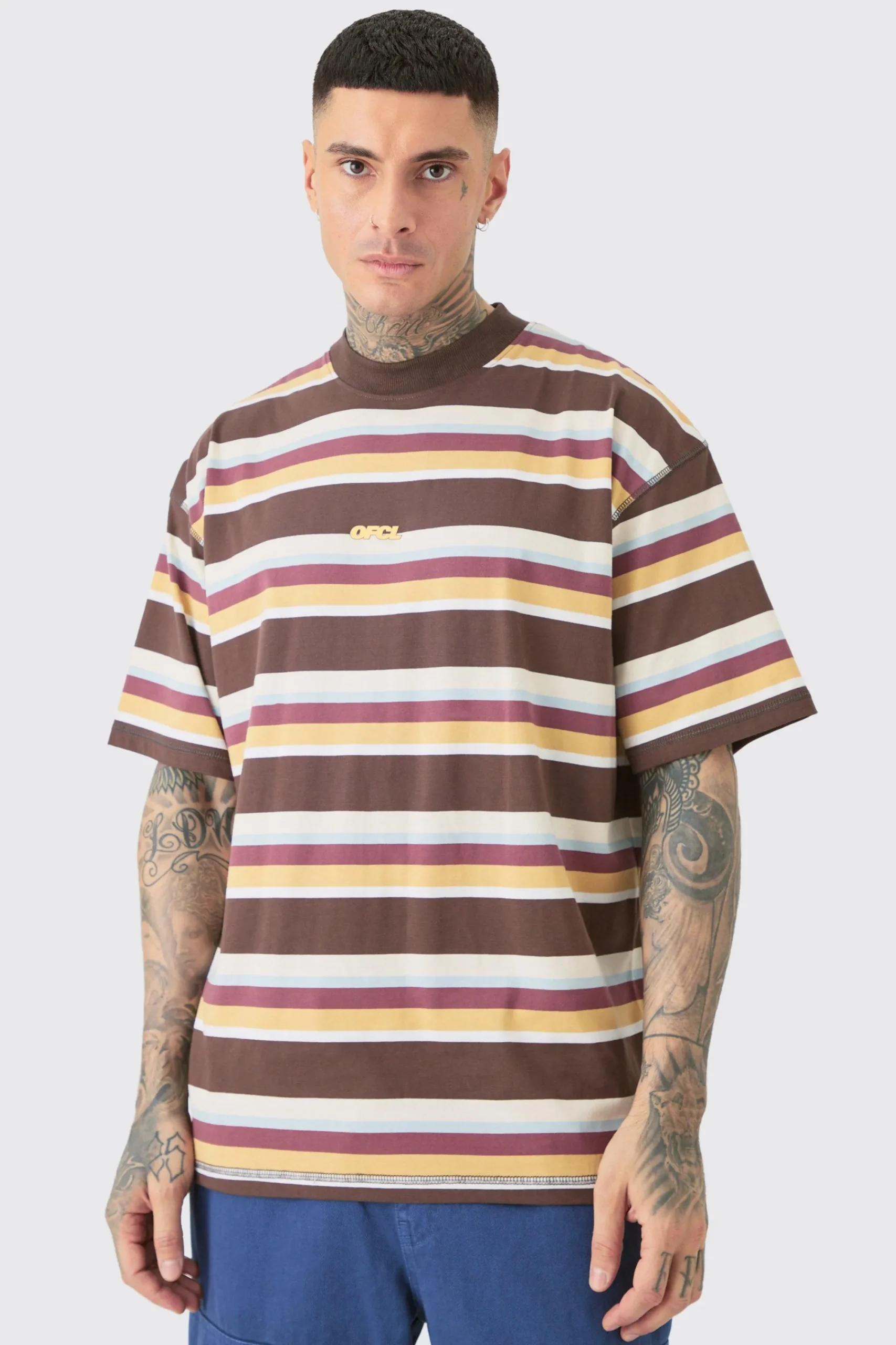 Tall Oversized Carded Heavy Striped Ofcl T-shirt | UK^boohooMAN New