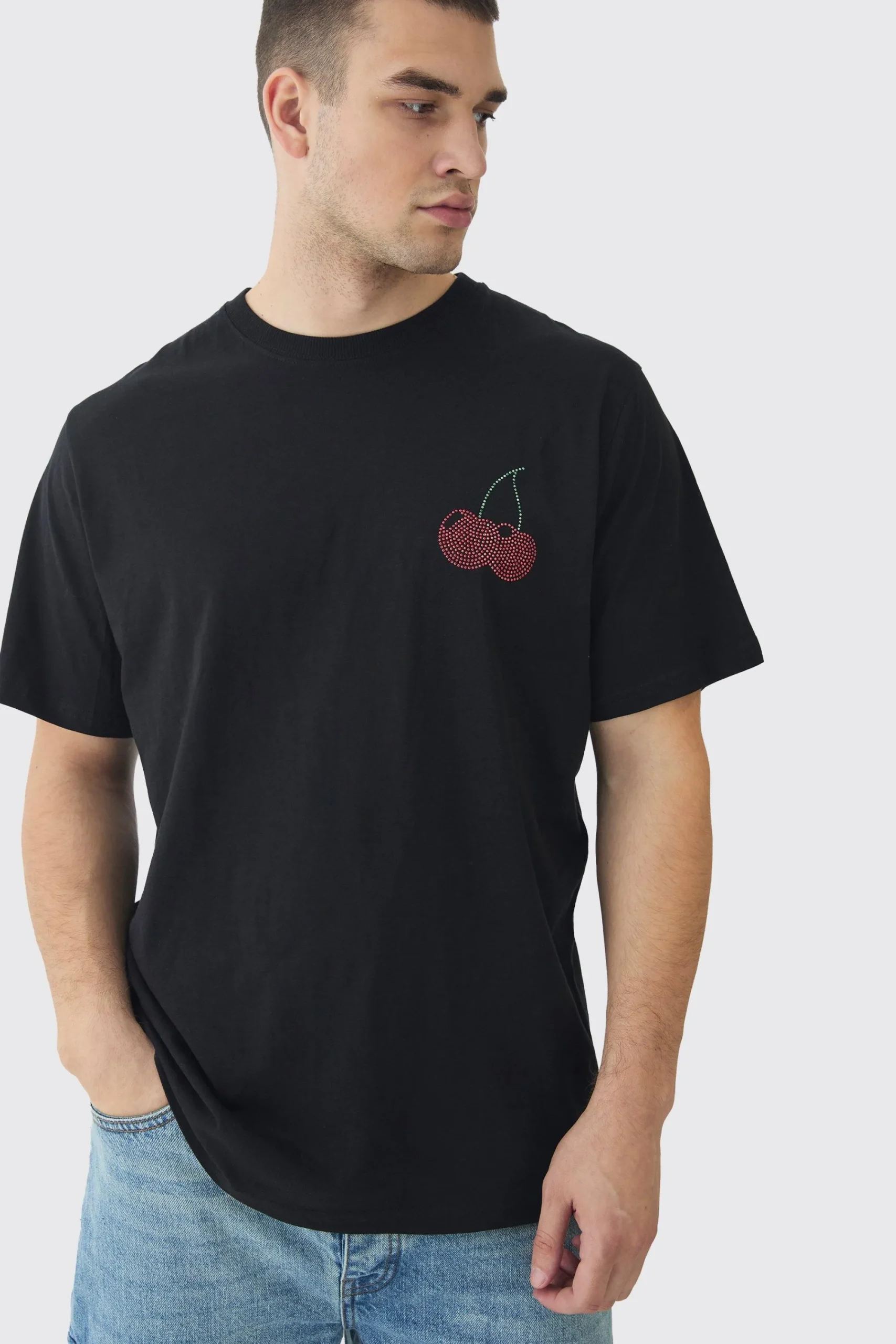 Tall Oversized Cherry Rhinestone Printed T-Shirt In | UK^boohooMAN Hot