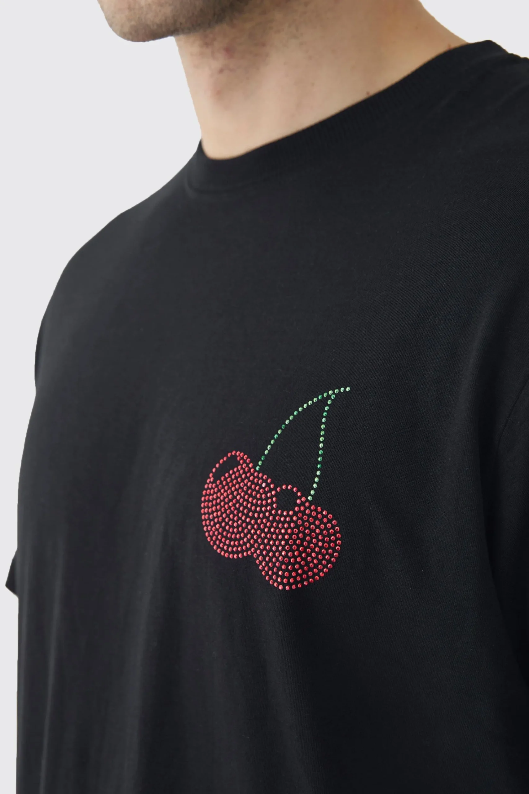 Tall Oversized Cherry Rhinestone Printed T-Shirt In | UK^boohooMAN Hot