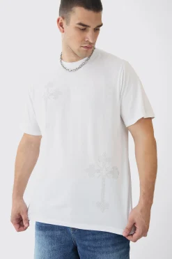 Tall Oversized Cross Rhinestone Printed T-Shirt In | UK^boohooMAN Clearance