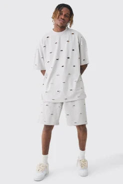 boohooMAN Tall Oversized Distressed Overdye T-shirt & Short Set | UK| Tracksuits