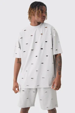 boohooMAN Tall Oversized Distressed Overdye T-shirt & Short Set | UK| Tracksuits