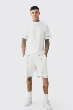 boohooMAN Tall Oversized Extended Contrast Stitch T-shirt & Short Set | UK| Tracksuits