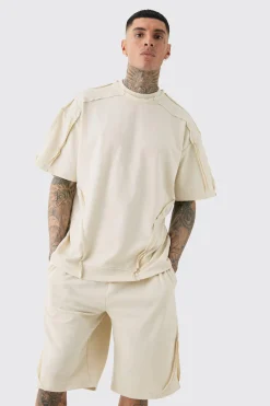 boohooMAN Tall Oversized Extended Neck Distressed Seam T-shirt & Short Set | UK| Tracksuits