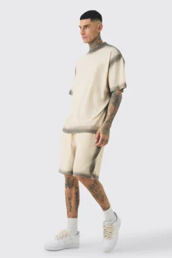 boohooMAN Tall Oversized Extended Neck Spray Wash T-shirt & Short Set | UK| Tracksuits
