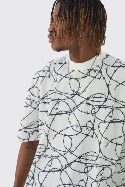 Tall Oversized Extended Neck Barbed Wire Graphic T-shirt | UK^boohooMAN Outlet