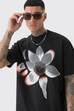 Tall Oversized Extended Neck Abstract Floral Print T-shirt | UK^boohooMAN Clearance