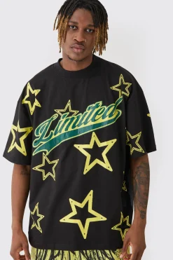 Tall Oversized Extended Neck Limited Star Print T-shirt | UK^boohooMAN Online