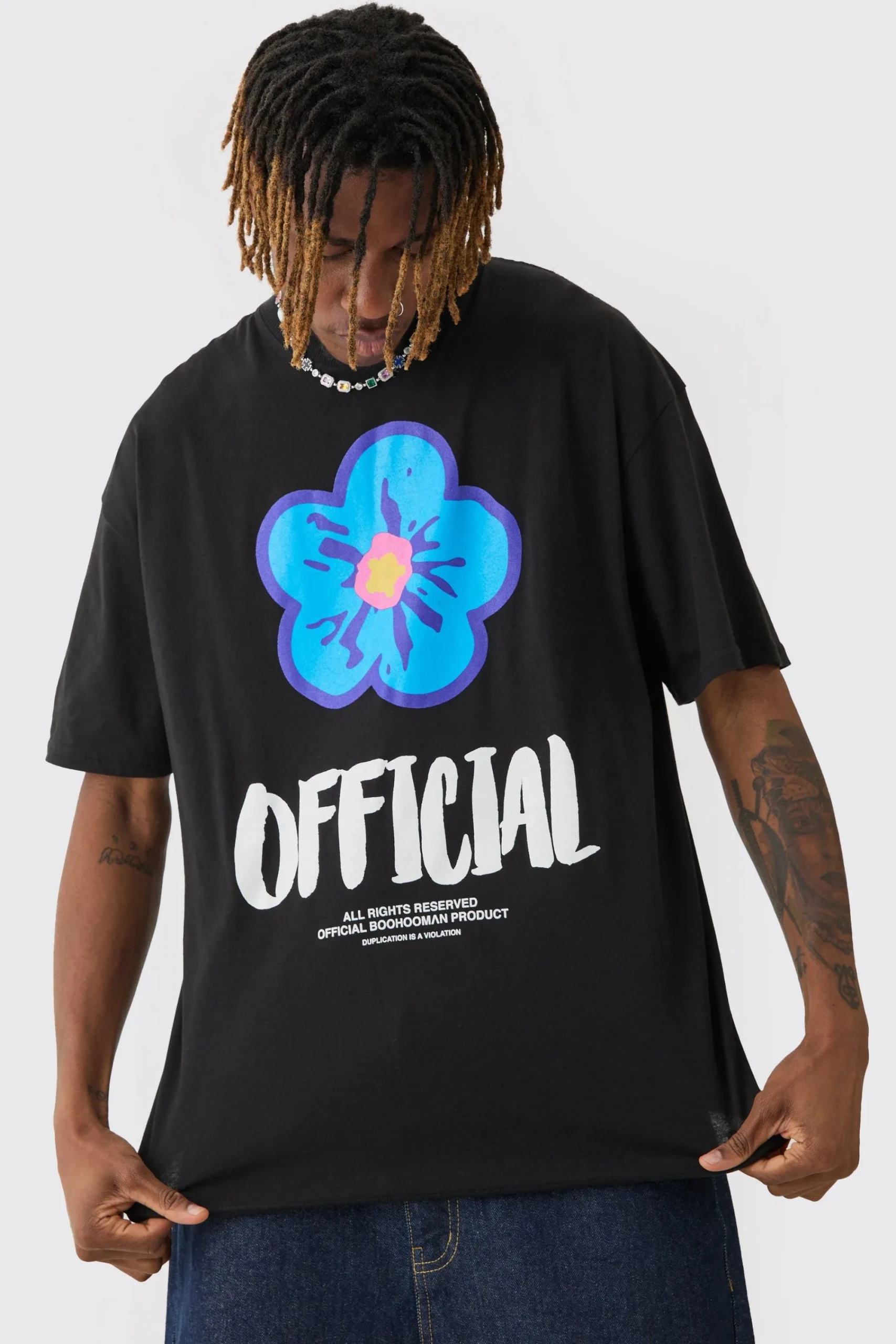 Tall Oversized Extended Neck Official Floral Print T-shirt | UK^boohooMAN Sale
