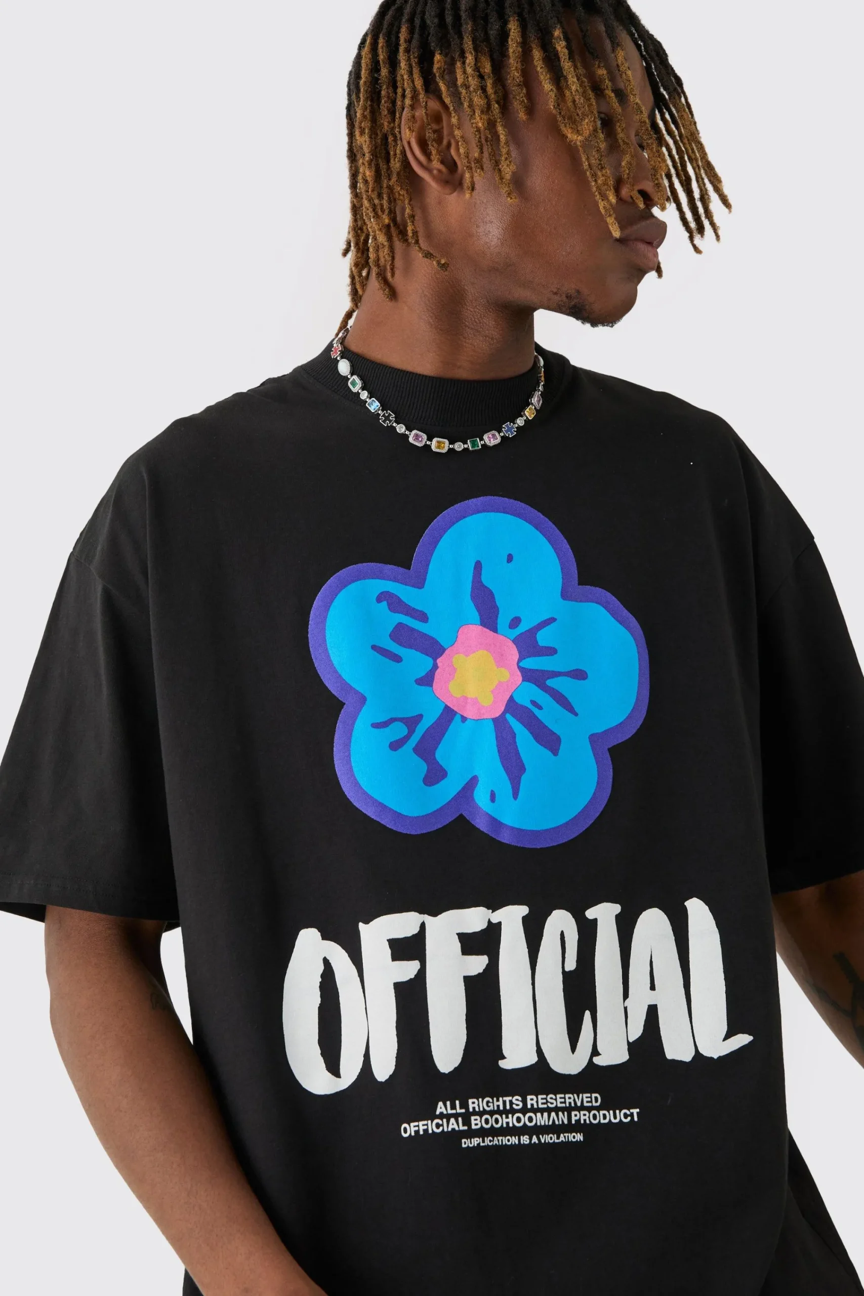 Tall Oversized Extended Neck Official Floral Print T-shirt | UK^boohooMAN Sale