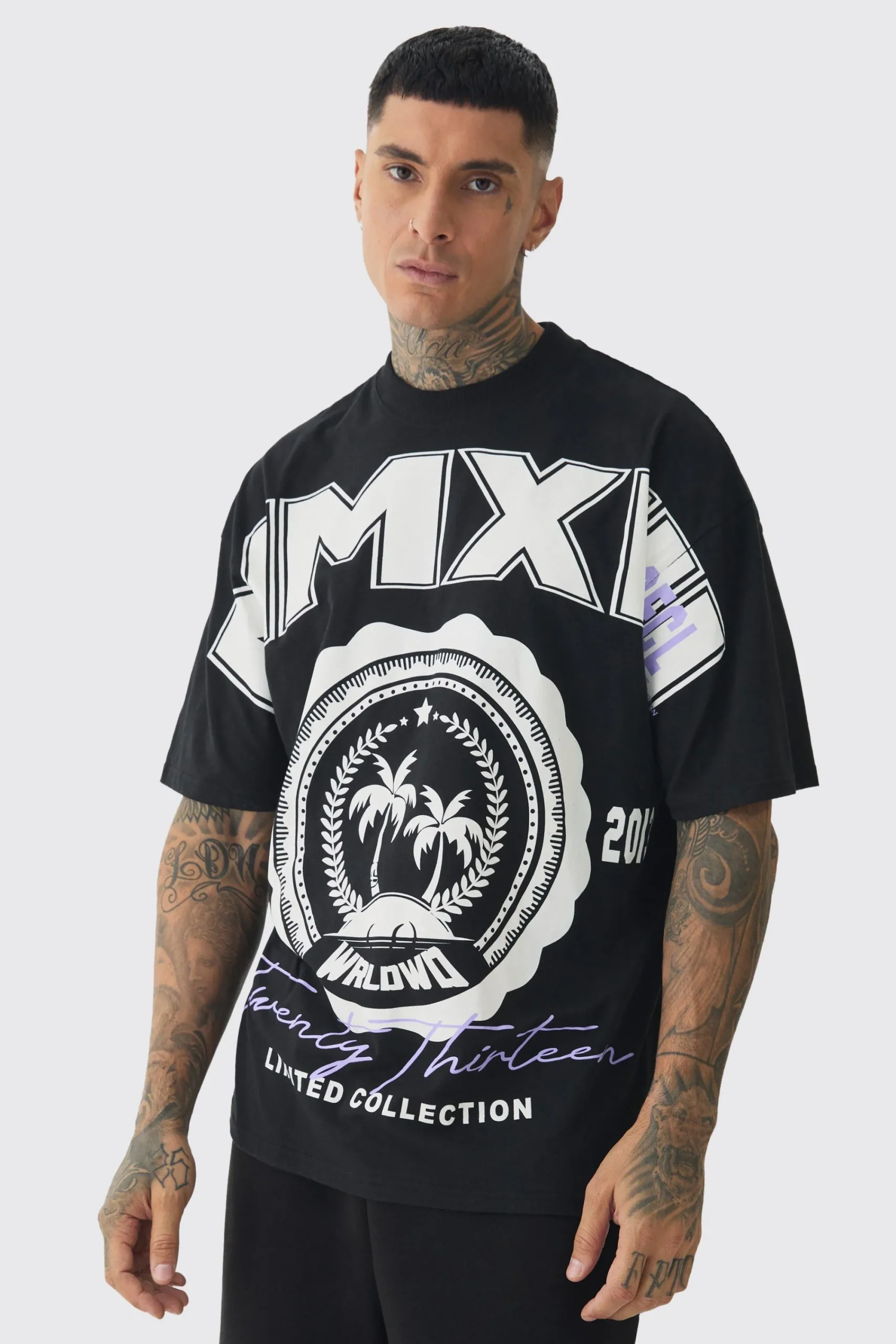 Tall Oversized Extended Neck MMXIII Large Scale Print T-Shirt | UK^boohooMAN New