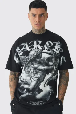Tall Oversized Extended Neck Cherub Large Scale Print T-Shirt | UK^boohooMAN Outlet