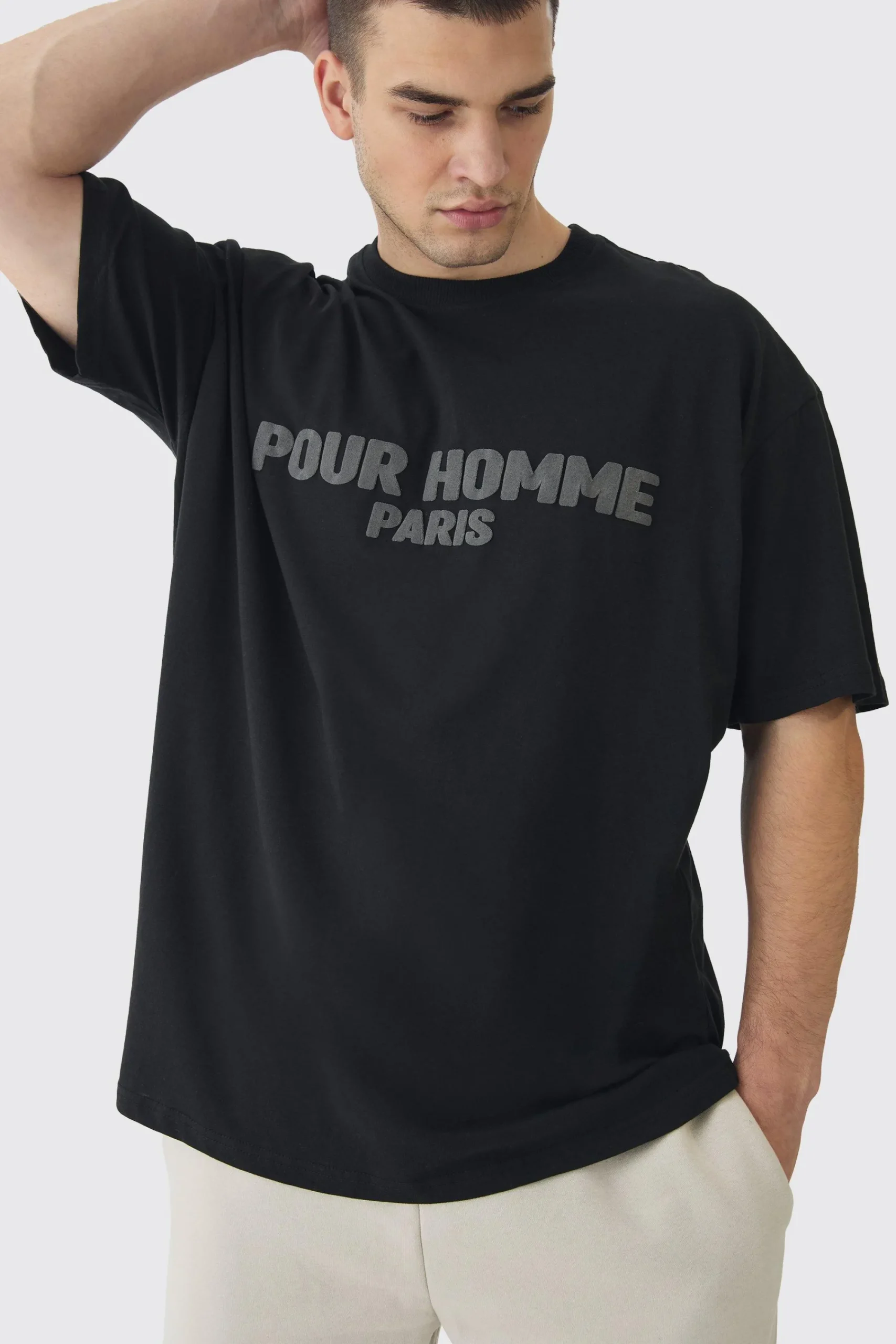 Tall Oversized Extended Neck Pour Homme Puff Print T-Shirt | UK^boohooMAN Clearance