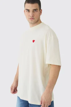 Tall Oversized Extended Neck Heart Embroidered T-Shirt | UK^boohooMAN Online