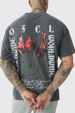 Tall Oversized Extended Neck Flame Rose Print Washed T-shirt | UK^boohooMAN Clearance