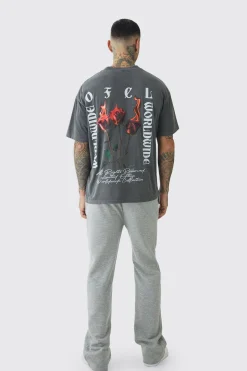Tall Oversized Extended Neck Flame Rose Print Washed T-shirt | UK^boohooMAN Clearance