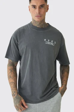 Tall Oversized Extended Neck Flame Rose Print Washed T-shirt | UK^boohooMAN Clearance