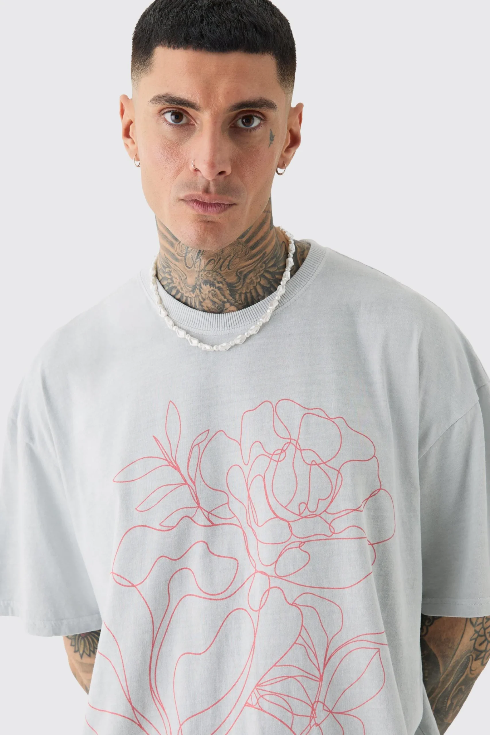 Tall Oversized Floral Stencil Print T-shirt In | UK^boohooMAN Best