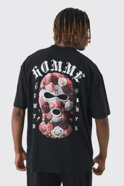 Tall Oversized Homme Balaclava Floral Print T-shirt | UK^boohooMAN Online