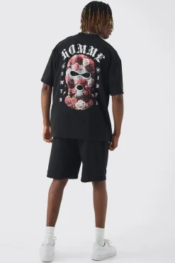 Tall Oversized Homme Balaclava Floral Print T-shirt | UK^boohooMAN Online