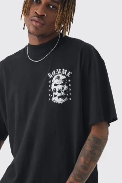 Tall Oversized Homme Balaclava Floral Print T-shirt | UK^boohooMAN Online