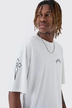Tall Oversized Homme Print & Cross Embroidered T-Shirt | UK^boohooMAN Sale