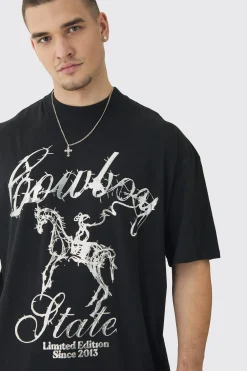 Tall Oversized Metallic Print Cowboy T-Shirt | UK^boohooMAN Clearance