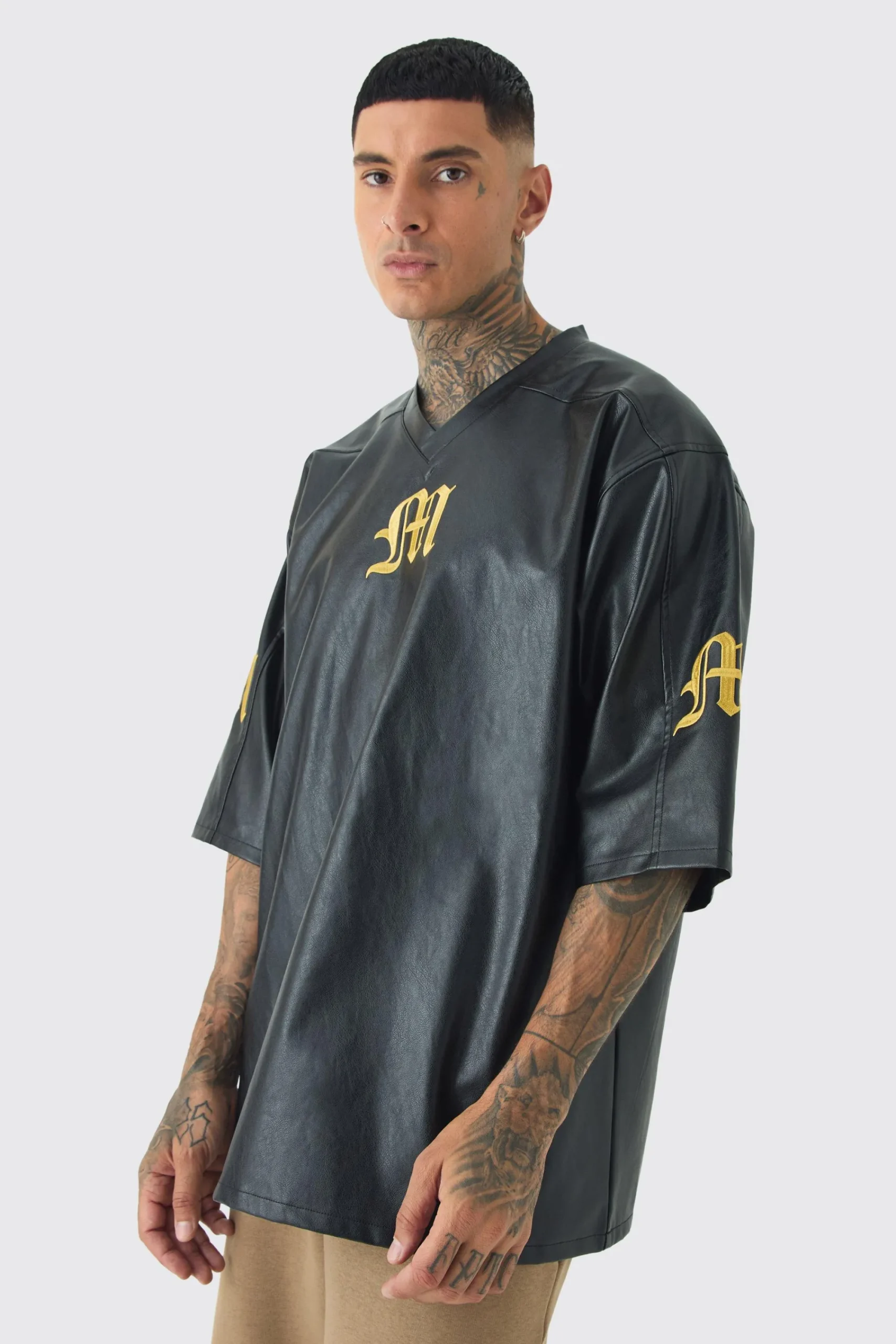 Tall Oversized PU Raglan Embroidered Varsity Shirt | UK^boohooMAN Online