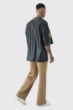 Tall Oversized PU Raglan Embroidered Varsity Shirt | UK^boohooMAN Online