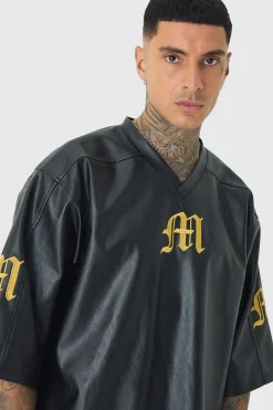 Tall Oversized PU Raglan Embroidered Varsity Shirt | UK^boohooMAN Online