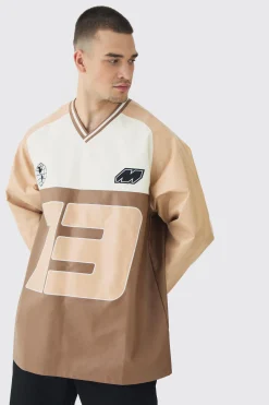 boohooMAN Tall Oversized Pu Raglan Embroidered Varsity Sweater | UK| Hoodies & Sweatshirts