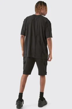 boohooMAN Tall Oversized Raw Interlock Seam T-shirt & Cargo Short Set | UK| Shorts|Tracksuits