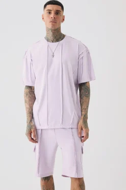 boohooMAN Tall Oversized Raw Interlock Seam T-shirt & Cargo Short Set | UK| Shorts|Tracksuits