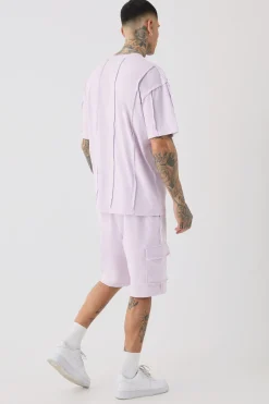 boohooMAN Tall Oversized Raw Interlock Seam T-shirt & Cargo Short Set | UK| Shorts|Tracksuits