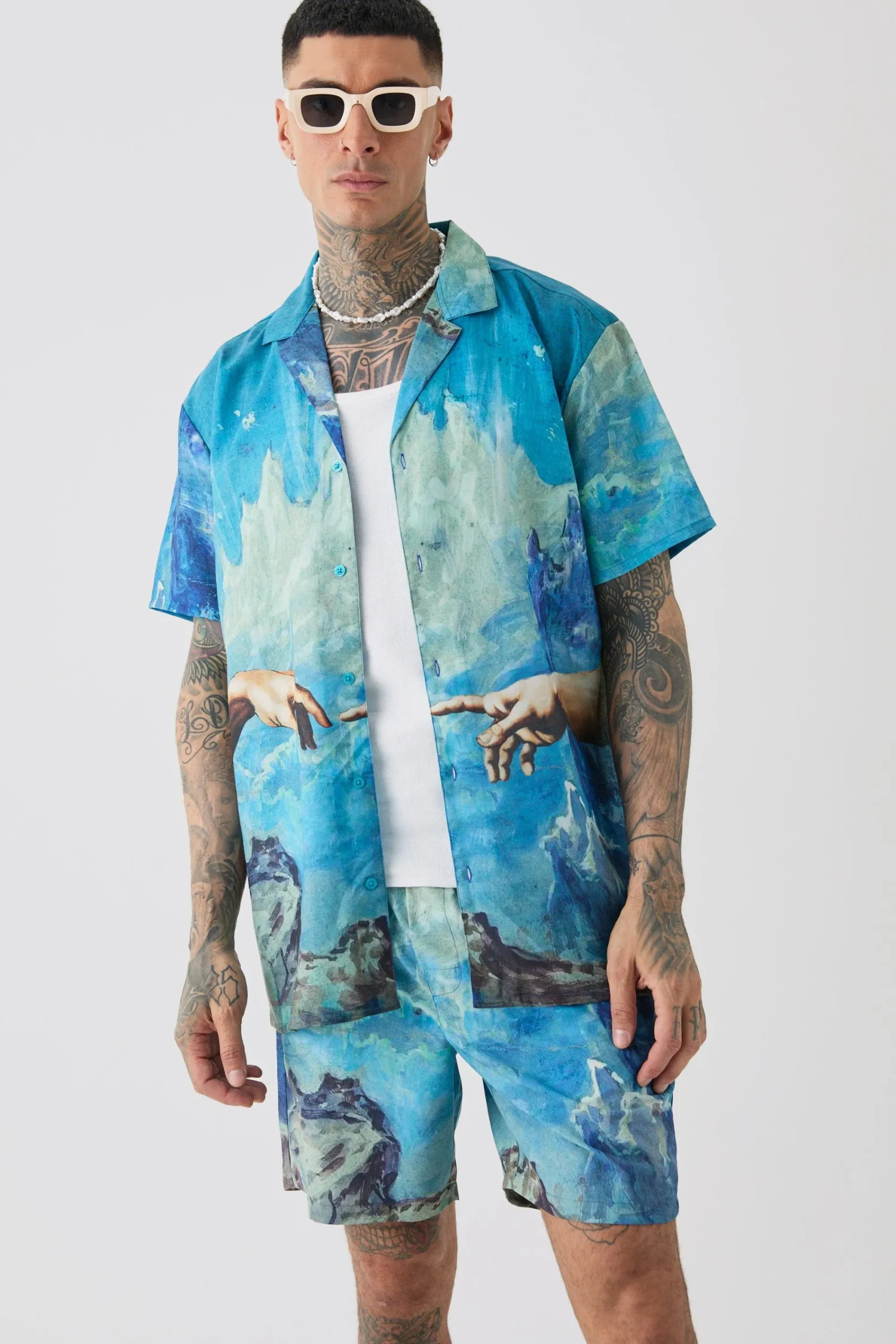 boohooMAN Tall Oversized Renaissance Print Shirt & Swim Short Set | UK| Sets & Co-Ords