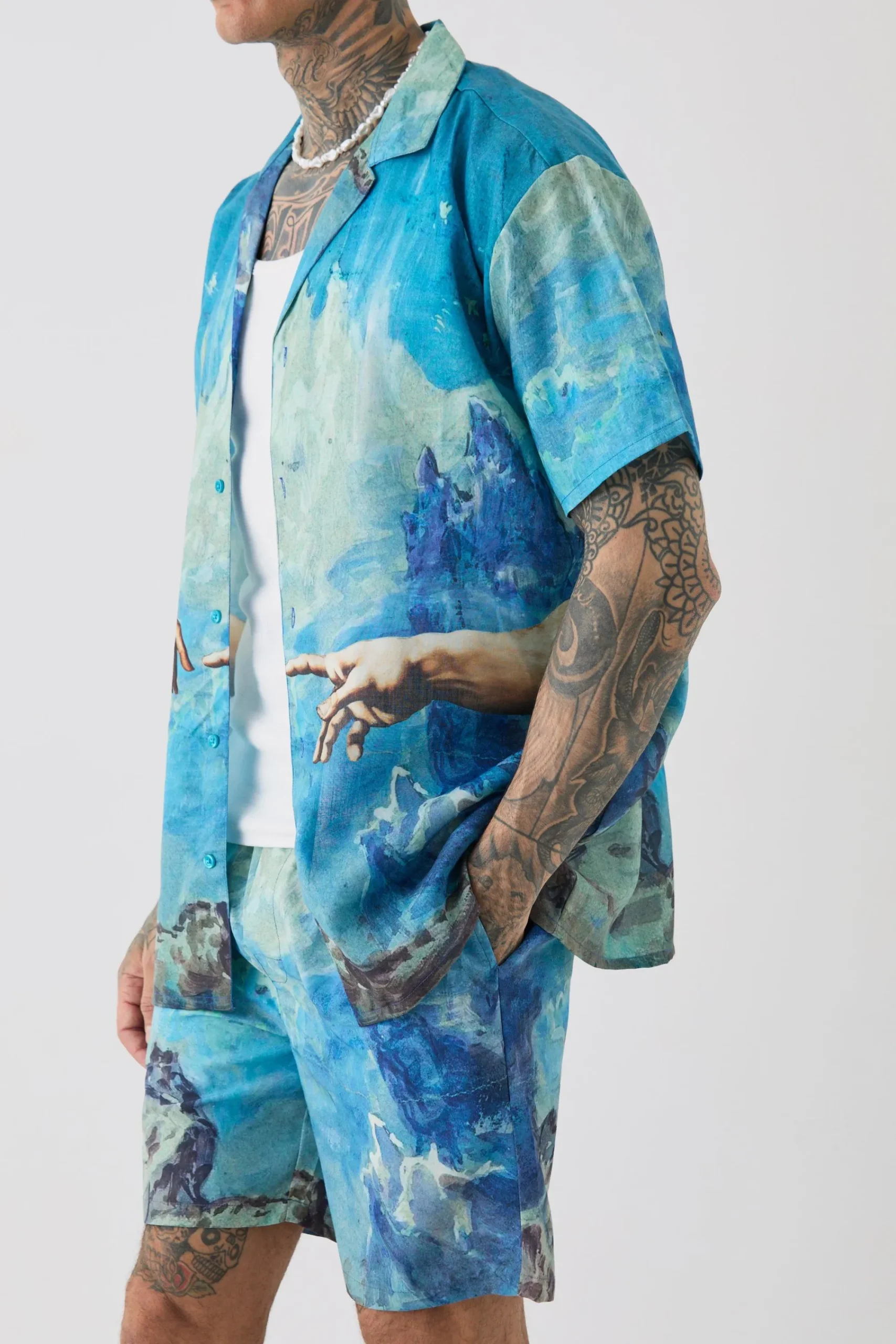 boohooMAN Tall Oversized Renaissance Print Shirt & Swim Short Set | UK| Sets & Co-Ords