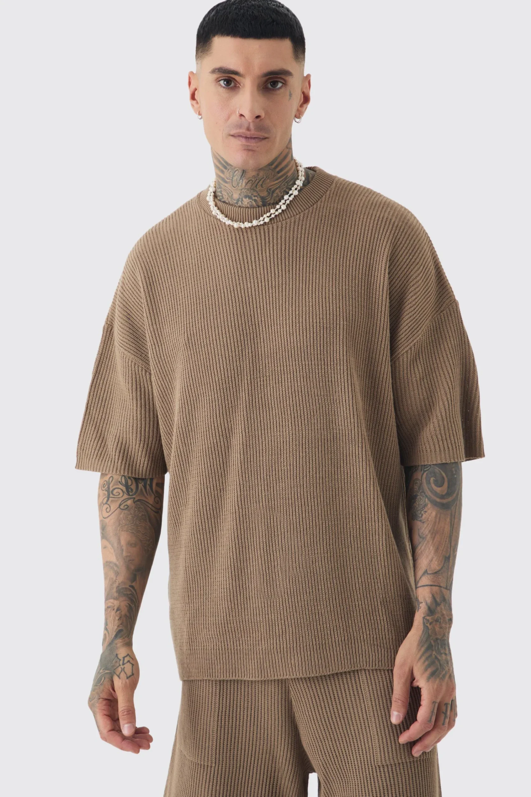 Tall Oversized Ribbed Knit T-shirt | UK^boohooMAN Online