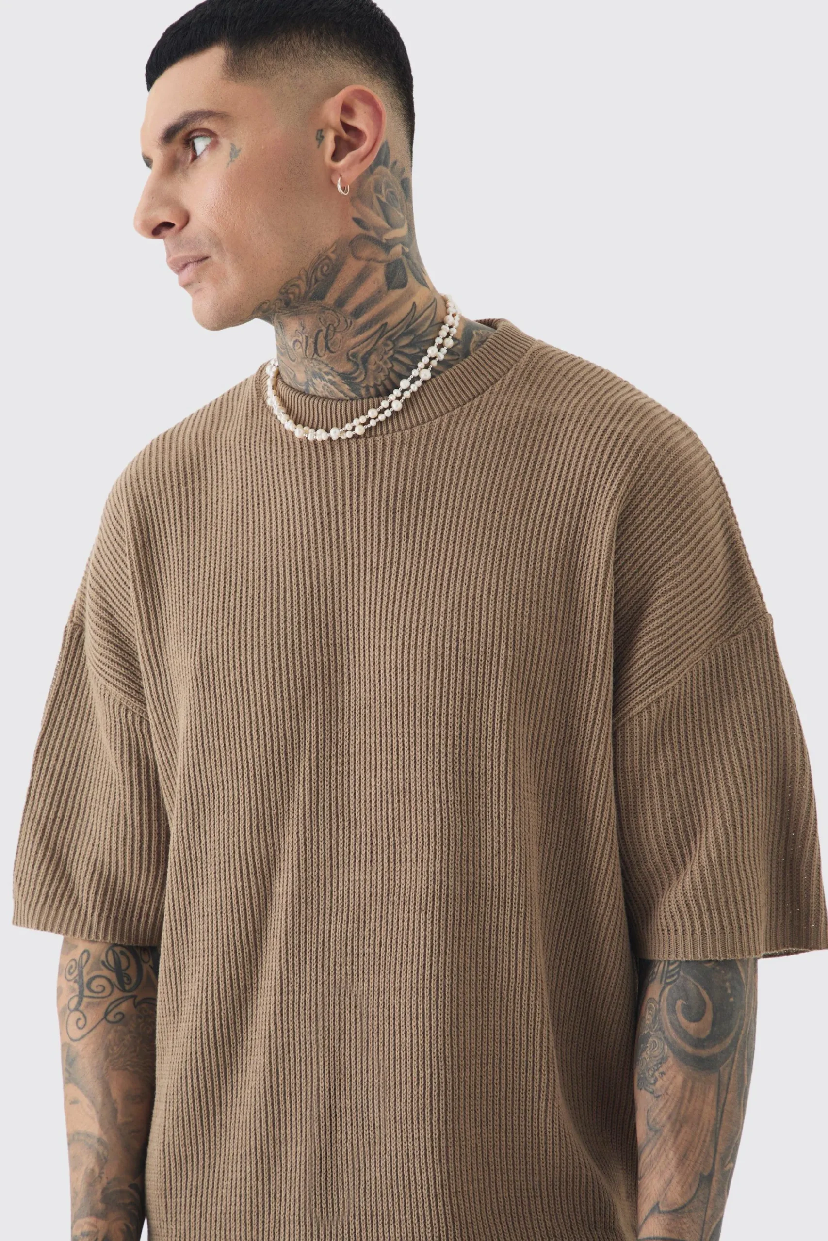 Tall Oversized Ribbed Knit T-shirt | UK^boohooMAN Online