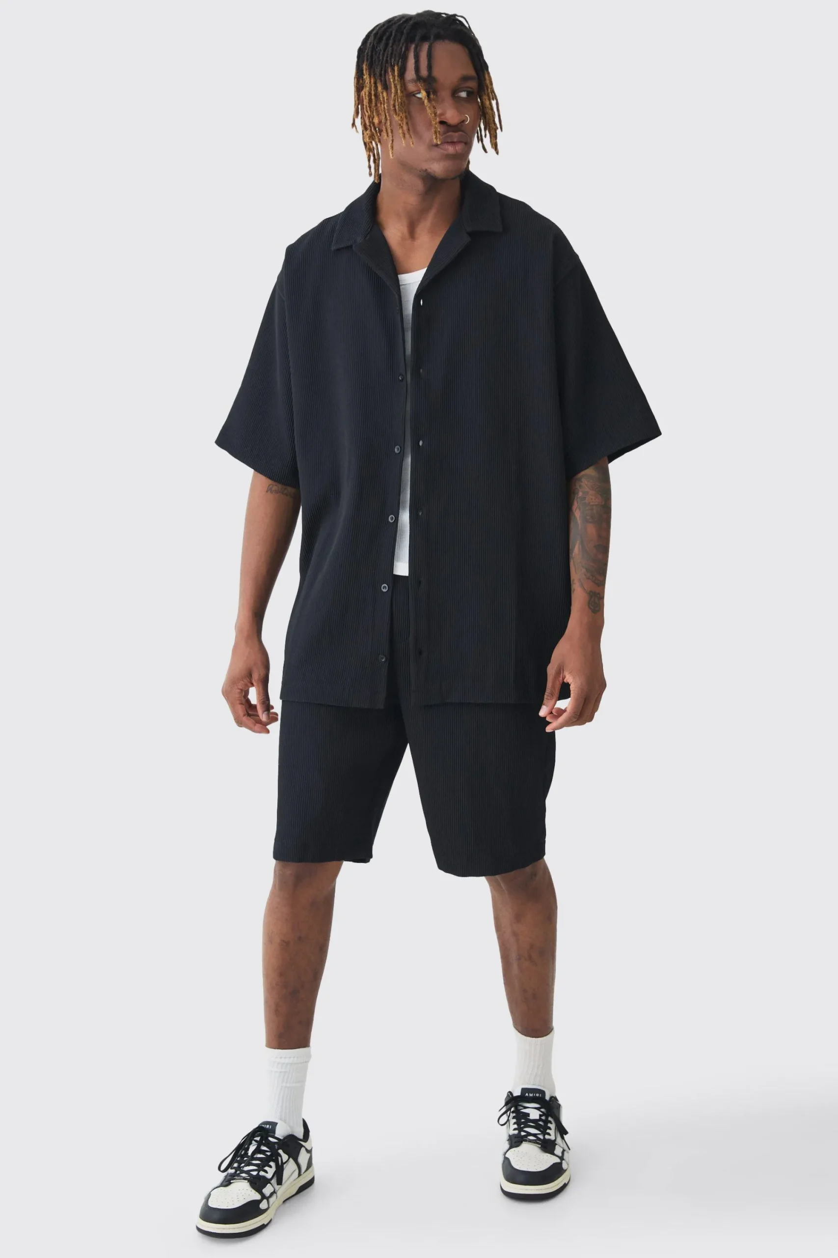 boohooMAN Tall Oversized Short Sleeve Pleated Shirt & Short Set | UK| Sets & Co-Ords